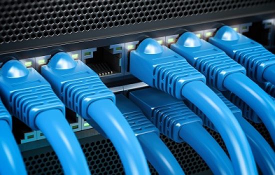 Network LAN internet cables connected in network switches. Server in data center. 3d illustration